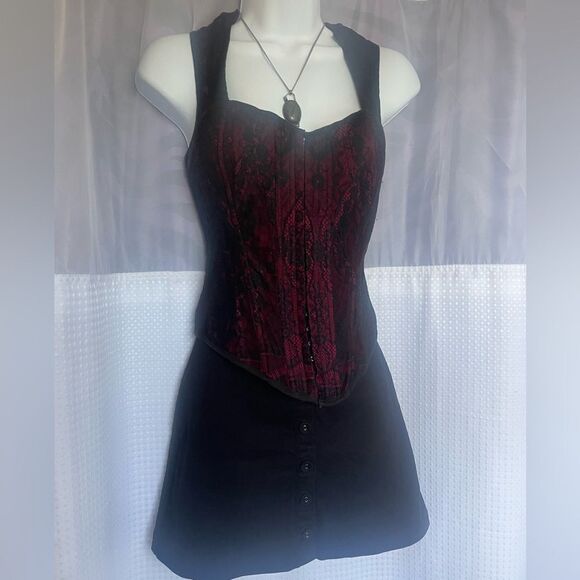 Lip Service Black and Red Lace Corset Tank Hook and Eye closure Lace Up Back - Picture 9 of 9